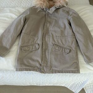Yves Salomon Kids Beige Jacket with real fur trimmed hood and fur lining